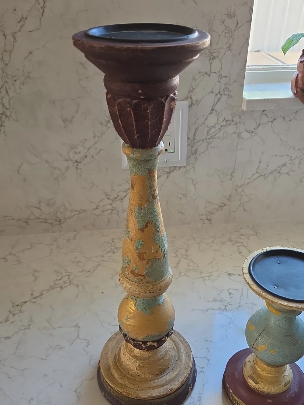 Blessings Unlimited DistressedWood Candlestick Set - Teal, Gold, Brown, Burgandy